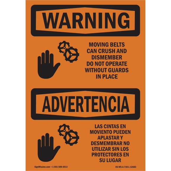 OSHA WARNING Sign - Moving Belts Can Crush Bilingual | Plastic Sign | Protect Your Business, Construction Site, Warehouse & Shop Area | Made in the USA