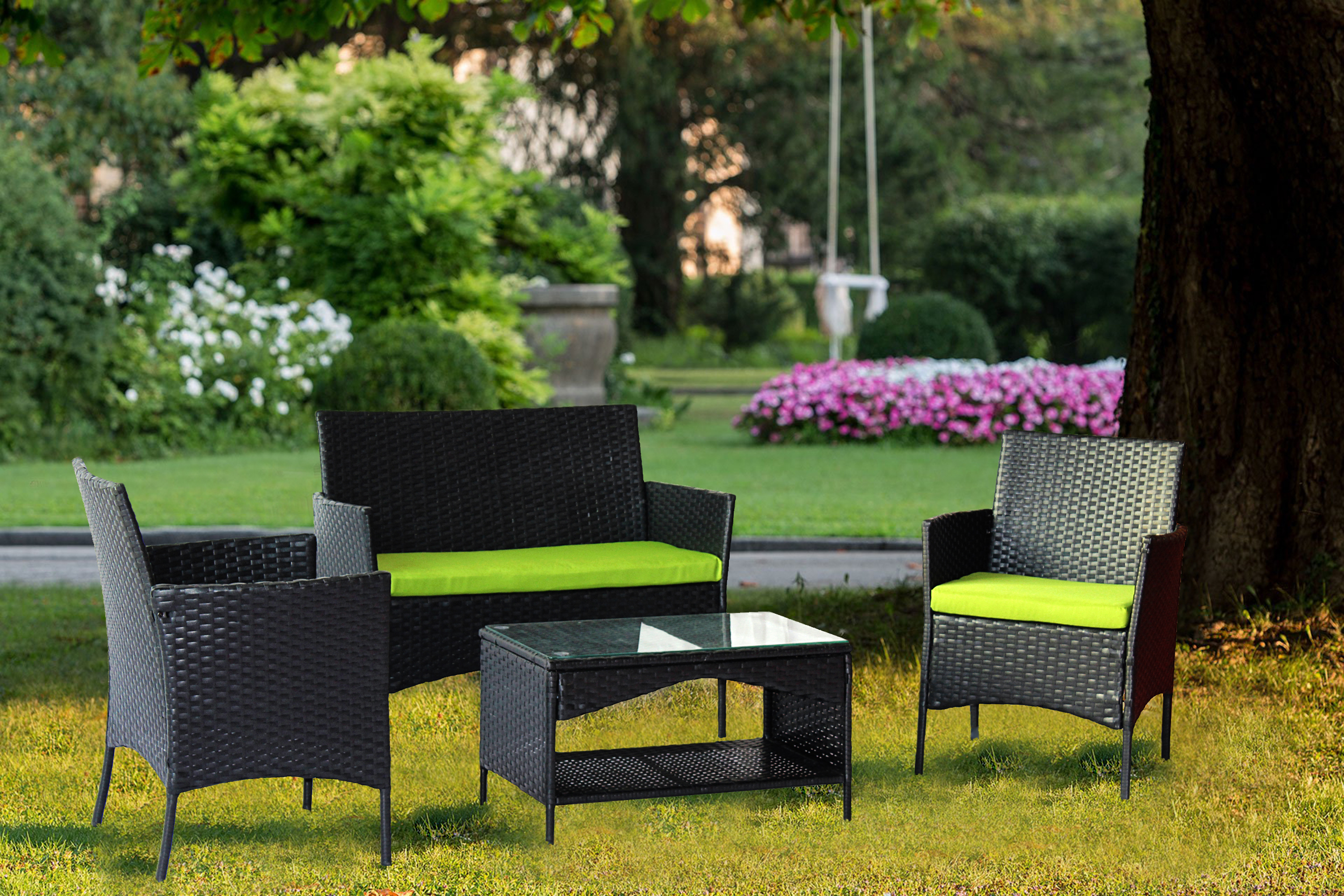 Outdoor Patio Set, iRerts Modern 4 Pieces Front Porch Furniture Sets, Rattan Wicker Patio Furniture Set with Green Cushion, Table, Patio Conversation Sets for Backyard Garden Poolside, Black, R2389 - image 2 of 8