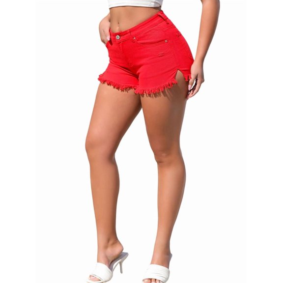 Women's Stretchy Cotton Denim Shorts, Mid Rise with Ripped Details and Frayed Hem Red S
