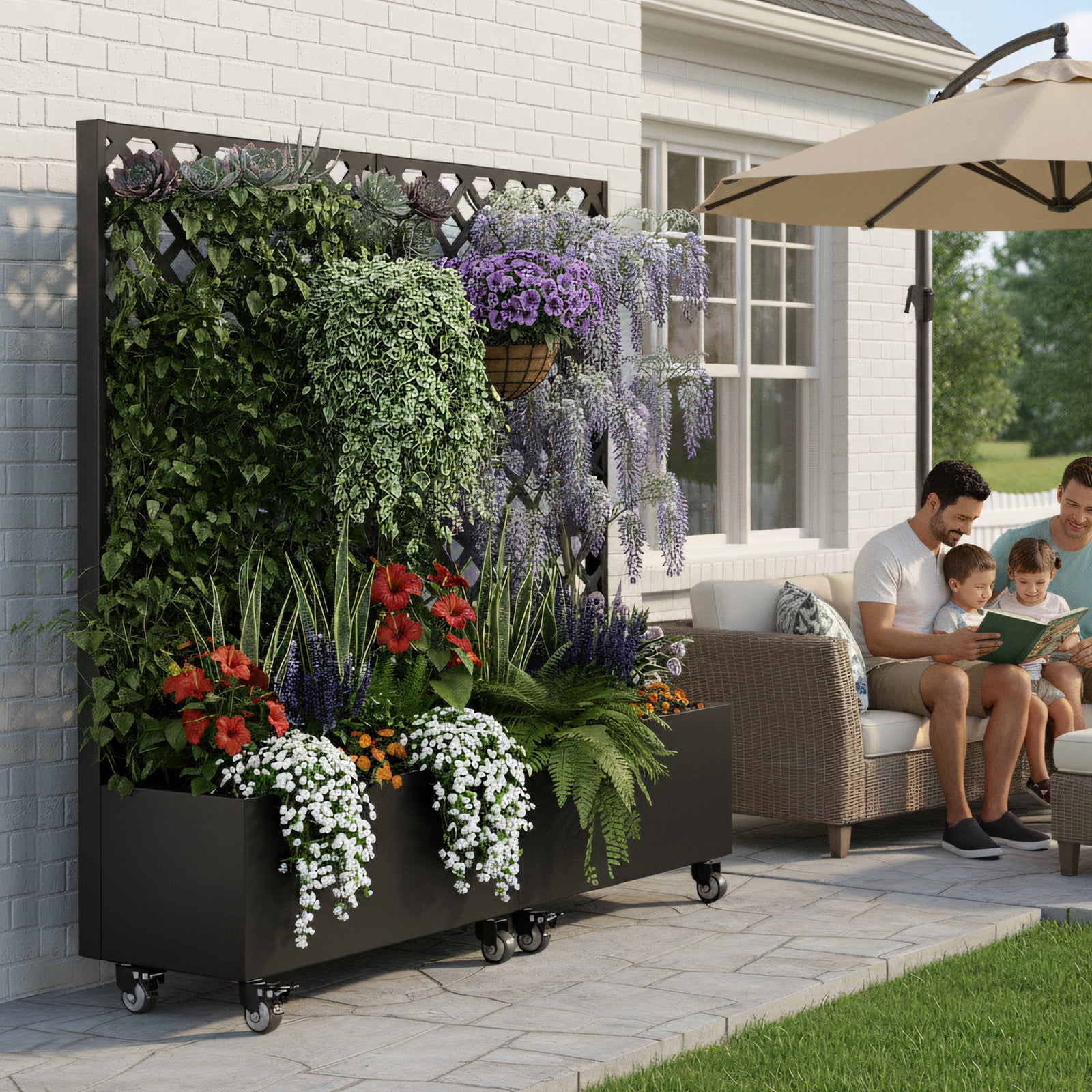 Raised Garden Bed with Trellis and Wheels, 72" High Metal Planter Box for Climbing Plants, Mobile Outdoor Vertical Garden with Drainage for Patio, Balcony & Backyard (300lb Capacity, Black)
