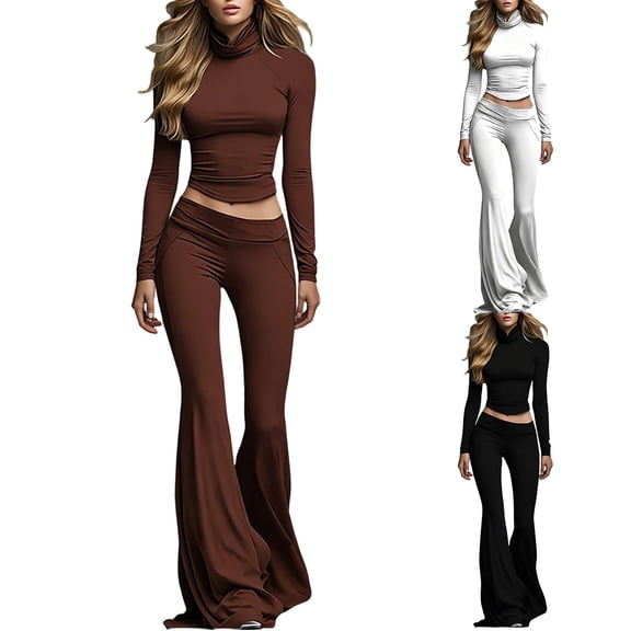 Idoravan sets for women clothing two piece casual Women Solid Color High Neck Long Sleeves Low-rises Bells-bottoms Suit