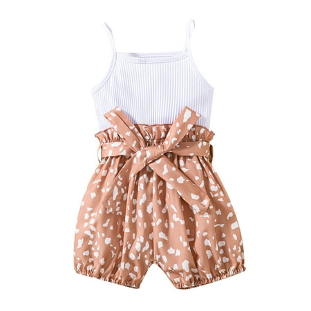 

Bagilaanoe Toddler Baby Girls Romper Print Sleeveless Patchwork Playsuit with Waist Belt for Kids 1T 2T 3T 4T 5T