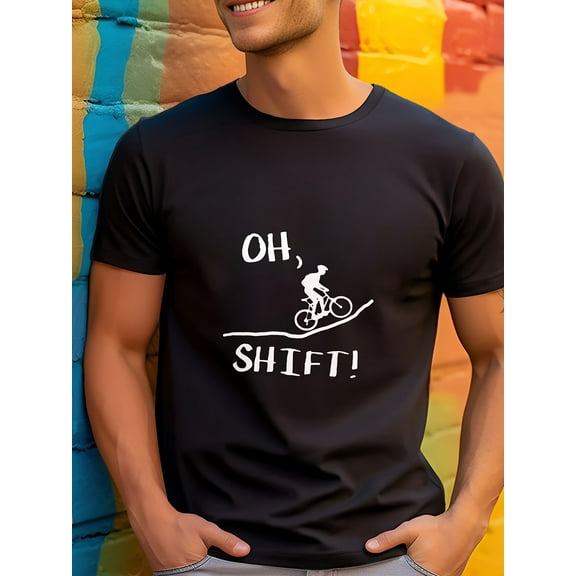 Men's 100% Cotton Casual T-Shirt - "Oh, Shift!" Graphic Print, Breathable & Comfortable Short Sleeve Crew Neck Tee for Casual Attire, Perfect Gift for Holidays, Birthdays, or Outdoor Activities