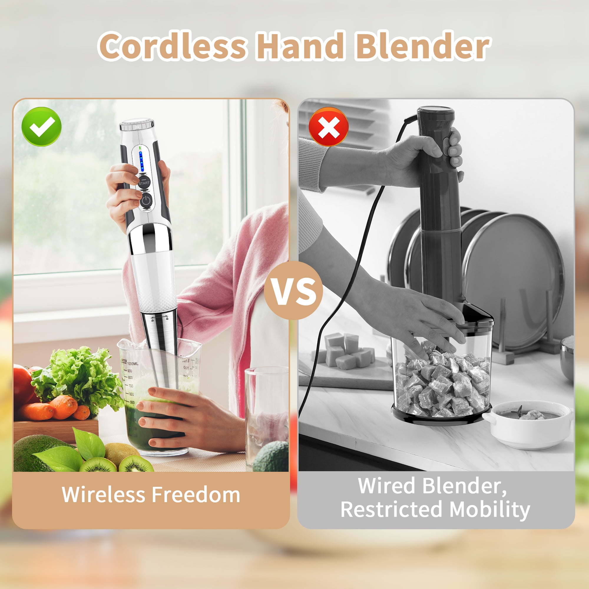 Cordless Hand Blender 4-in-1 Rechargeable Immersion Handheld Blender, 21 Variable Speeds, 3-Angle Adjustable with 700ml Chopper, 700ml Beaker, Egg Whisk and Beater for Smoothies, Soup, Baby Food