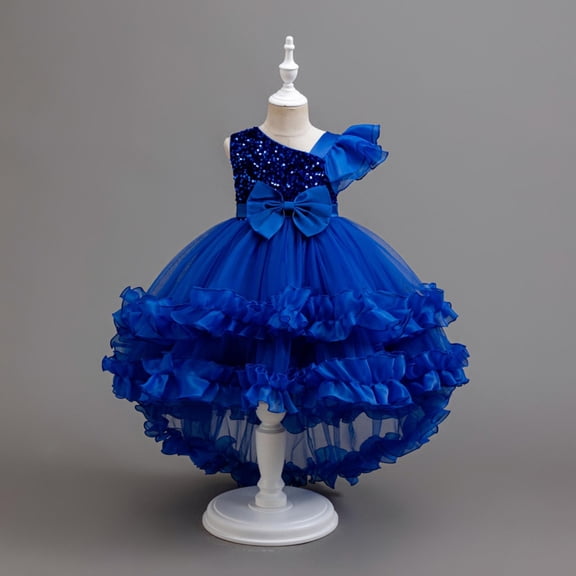 Pejock Girls Summer Dress Toddler 0-5 Years, Short Sleeve Round Neck Princess Bow Skirt, Lace Embroidery & Mesh Layers, Ruffled Cold Shoulder Design for Party, Holiday, Playtime