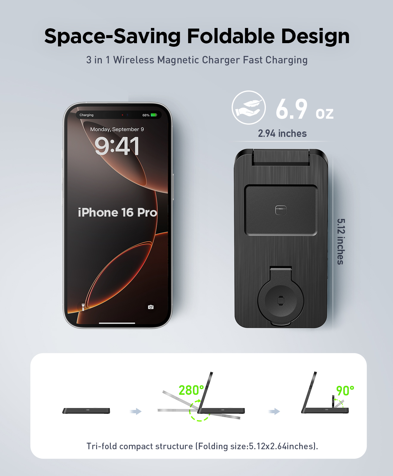 Etepehi 3-in-1 Magnetic Foldable Charging Station, Black photo 2