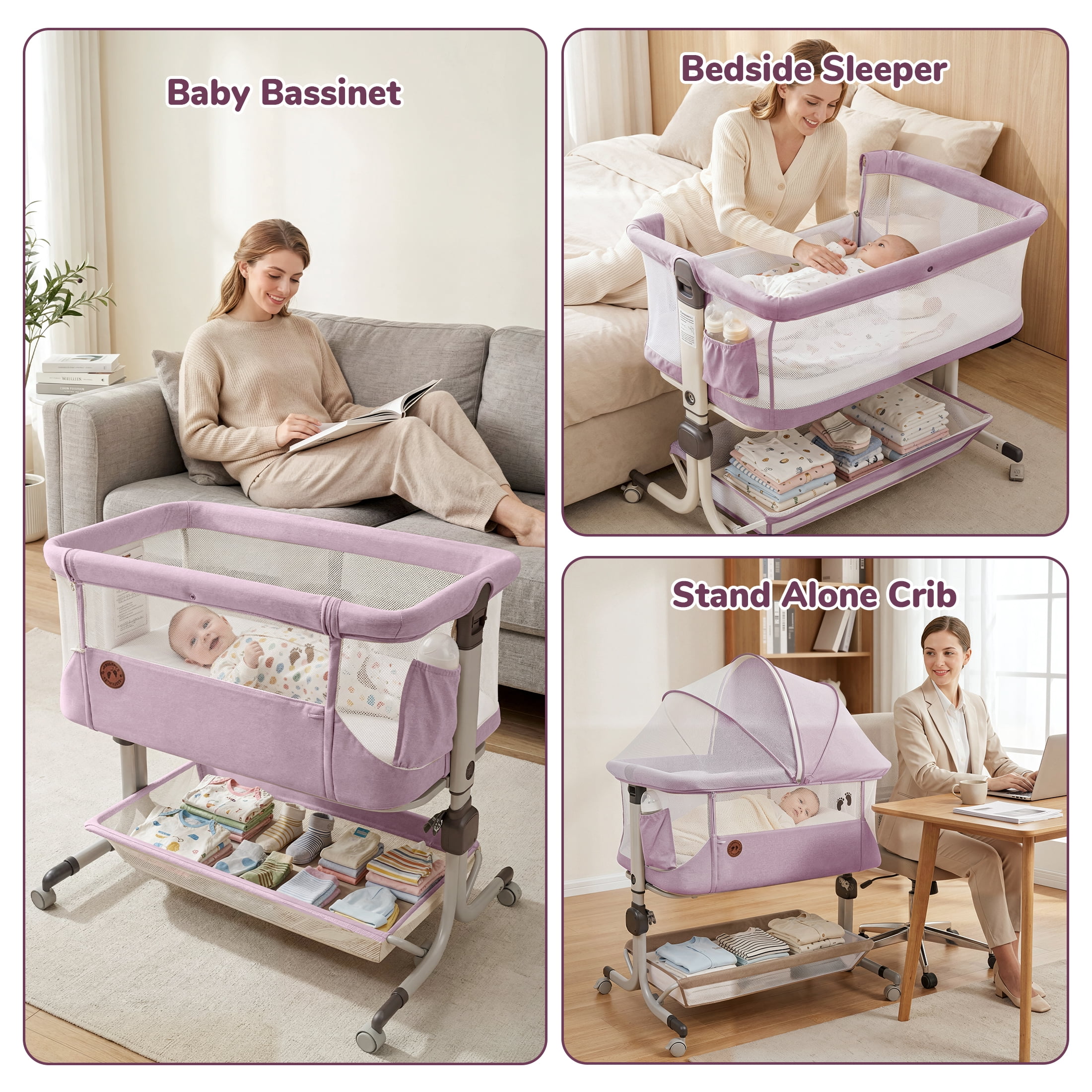 Minikid 3-in-1 Baby Bassinet Bedside Sleeper, 6 Height Adjustments, Full Mesh Breathable, Portable Newborn Baby Crib with Storage Basket, Pinkish Purple