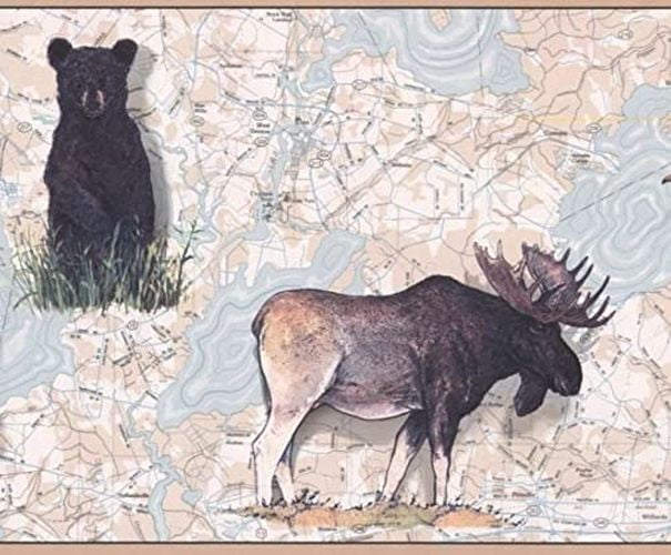 Concord Wallcoverings Wallpaper Border Animals Pattern Fish Duck Bear Deer on Map for Cottage, Beige Blue White Brown Black, 9.25 Inches by 15 Feet FS4956B