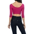 thumbnail image 3 of Womens Trendy Solid Color Basic Scooped Neck and Back Crop Top 3/4 Sleeve Magenta Medium, 3 of 3