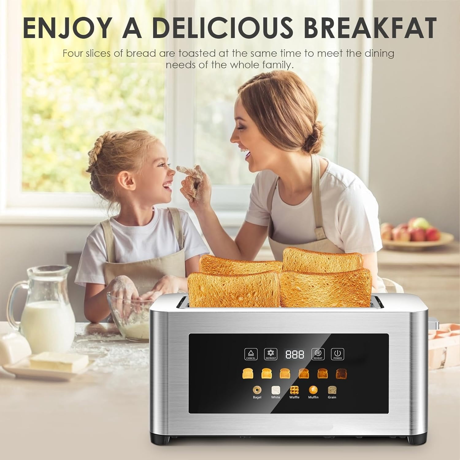 Maircle Toaster 4 Slice, Long Slots 1.5" Extra Wide Slots for Bagels & Waffles, TouchScreen, 6 Browning Levels, Timer, Defrost, Cancel Function, Auto Shut-Off, Removable Crumb Tray, Stainless Steel