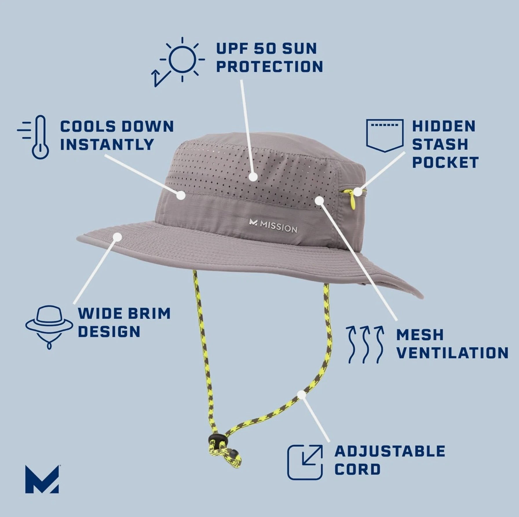 Mission Cooling Anywhere Boonie Hat UPF 50 Wide Brim Unisex Gray