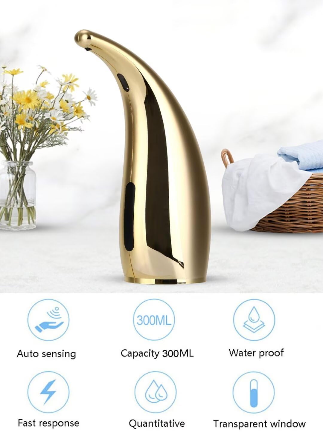 Soap Dispenser,Touchless Bath Kitchen Countertop Automatic Soap Dispenser with Infrared Motion Sensor,IPX6 Waterproof.Perfect for Bathroom and Kitchen.（golden）