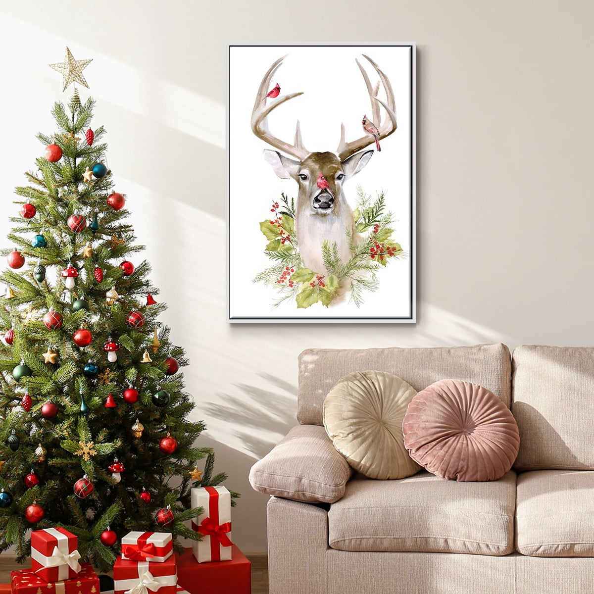 Holiday Deer Collection B - Framed Gallery Wrapped Holiday Canvas - 27 x 41 - White Frame