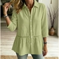 thumbnail image 4 of Womens 3/4 Sleeve Hollow Crochet Lace Trim Button Down Collared Shirts Flowy Ruffle Hem Babydoll Peplum Tops Blouses, 4 of 6