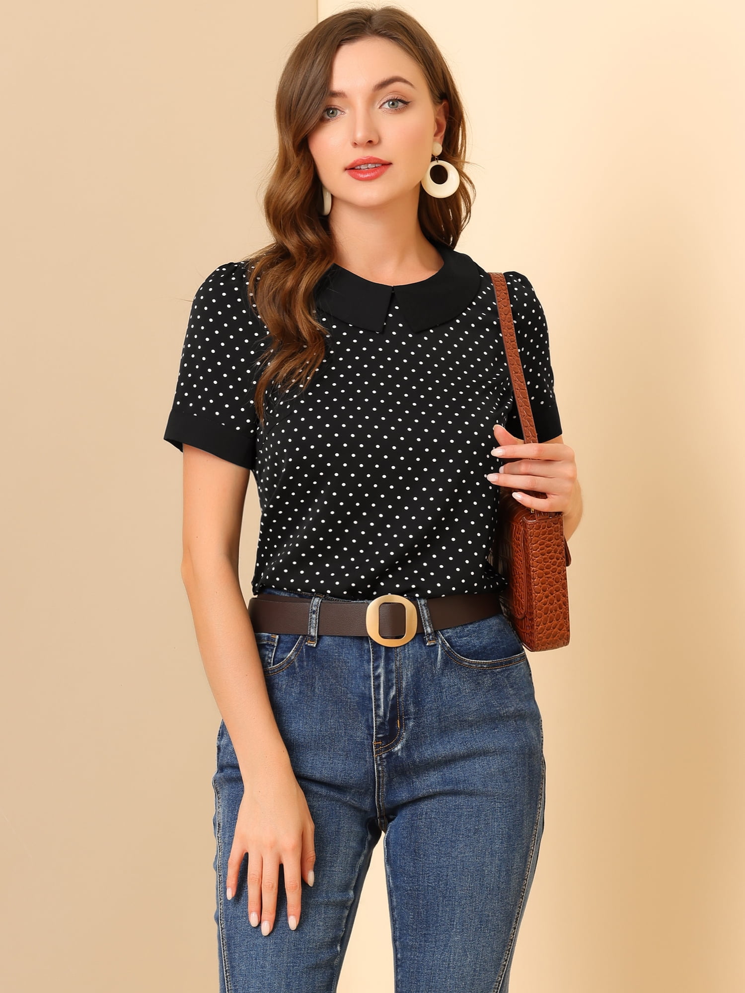 DARING DIVA Women's Peter Pan Collar Polka Dots Short Sleeve Tops L Black