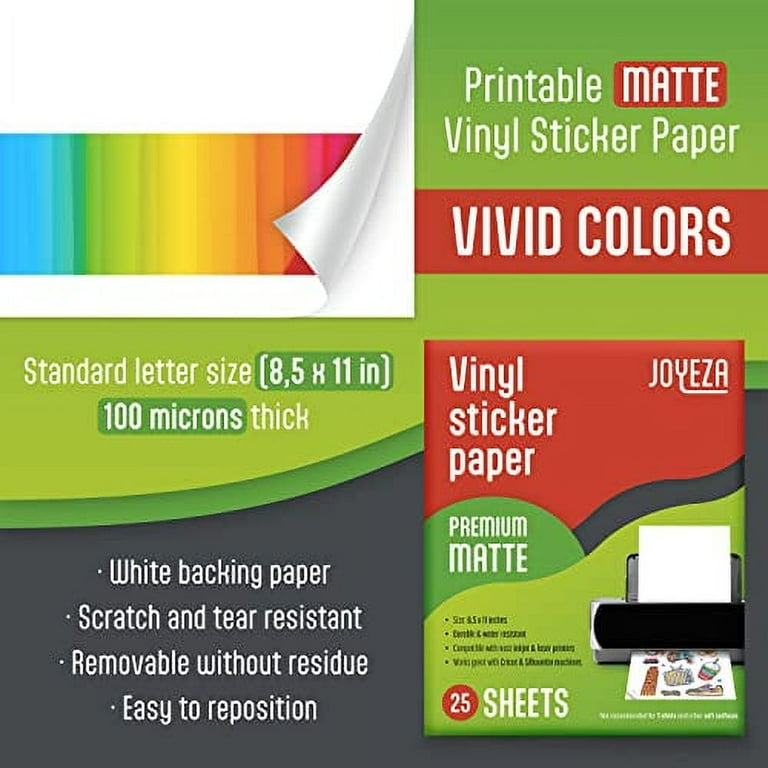 JOYEZA Premium Printable Vinyl Sticker Paper for Inkjet Printer - 25 Sheets  Matte White Waterproof, Dries Quickly Vivid Colors, Holds Ink well- Tear  Resistant - Inkjet & Laser Printer 
