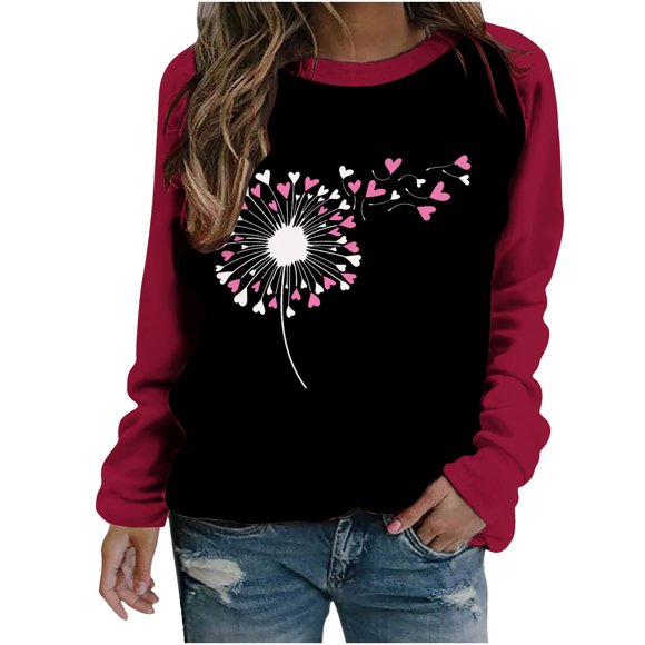 VALMASS Plus Size Valentine's Day Raglan Sleeve Sweatshirts Floral Print Cozy Tops Casual Crewneck Tunic Sweatshirts (S, Red)