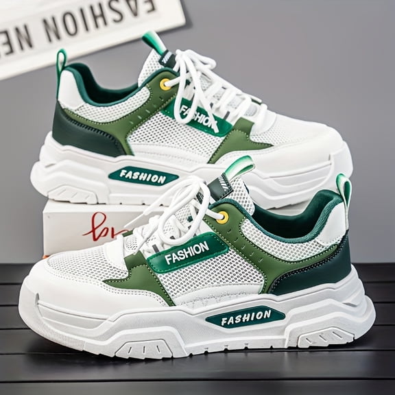 Men'S Breathable Mesh Sneakers with Thick Cushioned Sole - White & Green Low-Top Casual Shoes, Lace-Up Design Casual Attire, Stylish Laceup Shoes & for Summer Streetwear, Outdoor Modern Sneakers