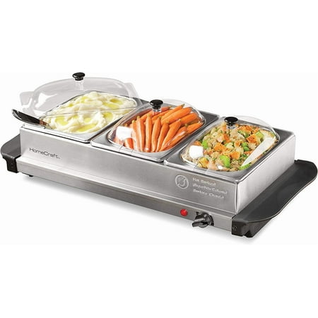 HomeCraft HCBS15SS 3-Station 1.5-Quart Stainless Steel Buffet Server Slow Cooker & Warming Tray, Adjustable Temperature, Perfect for Dinner, Appetizers