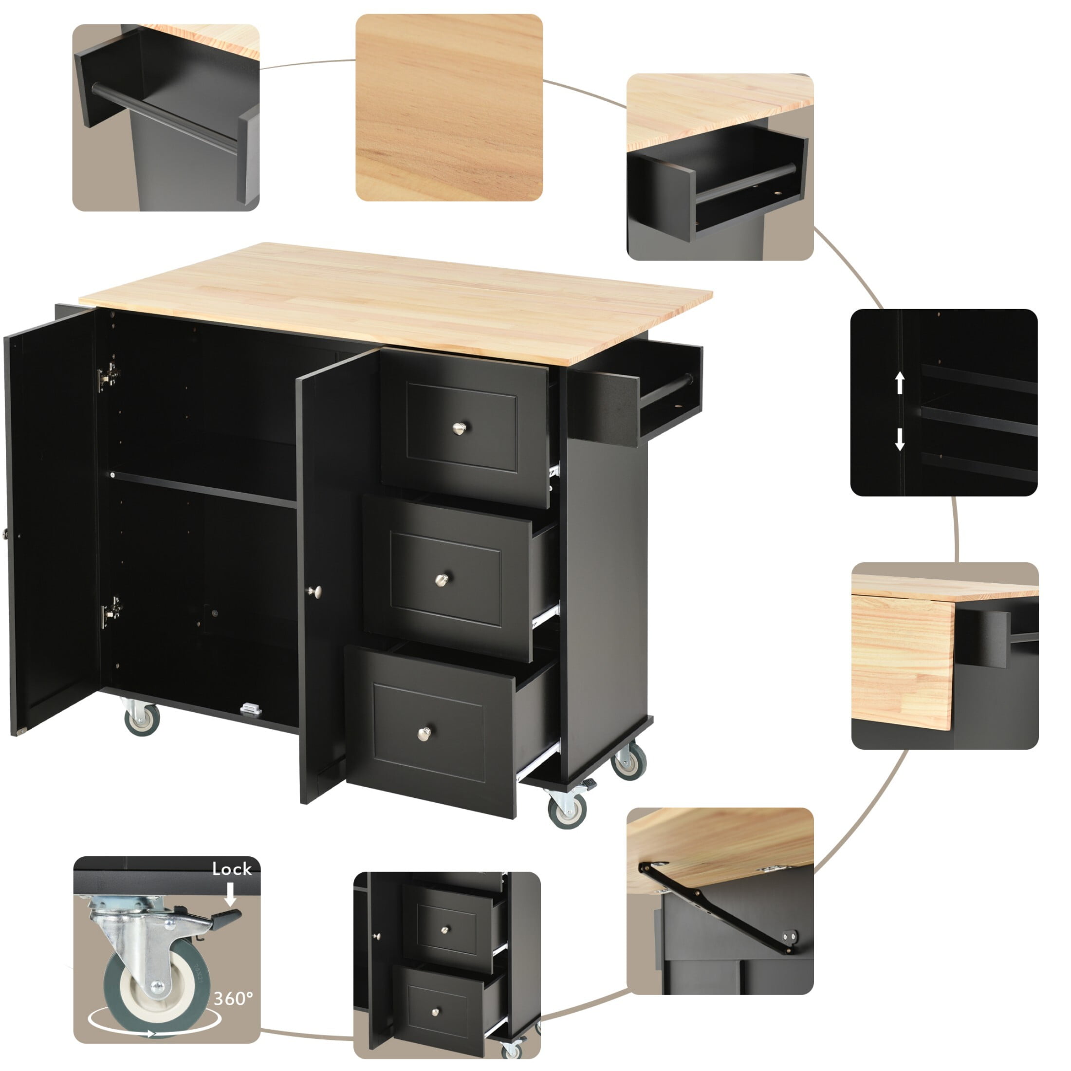 AENKYO 52.7'' Kitchen Island Cart with Drop Leaf, Rolling Kitchen Storage Cart with 3 Drawers, Black