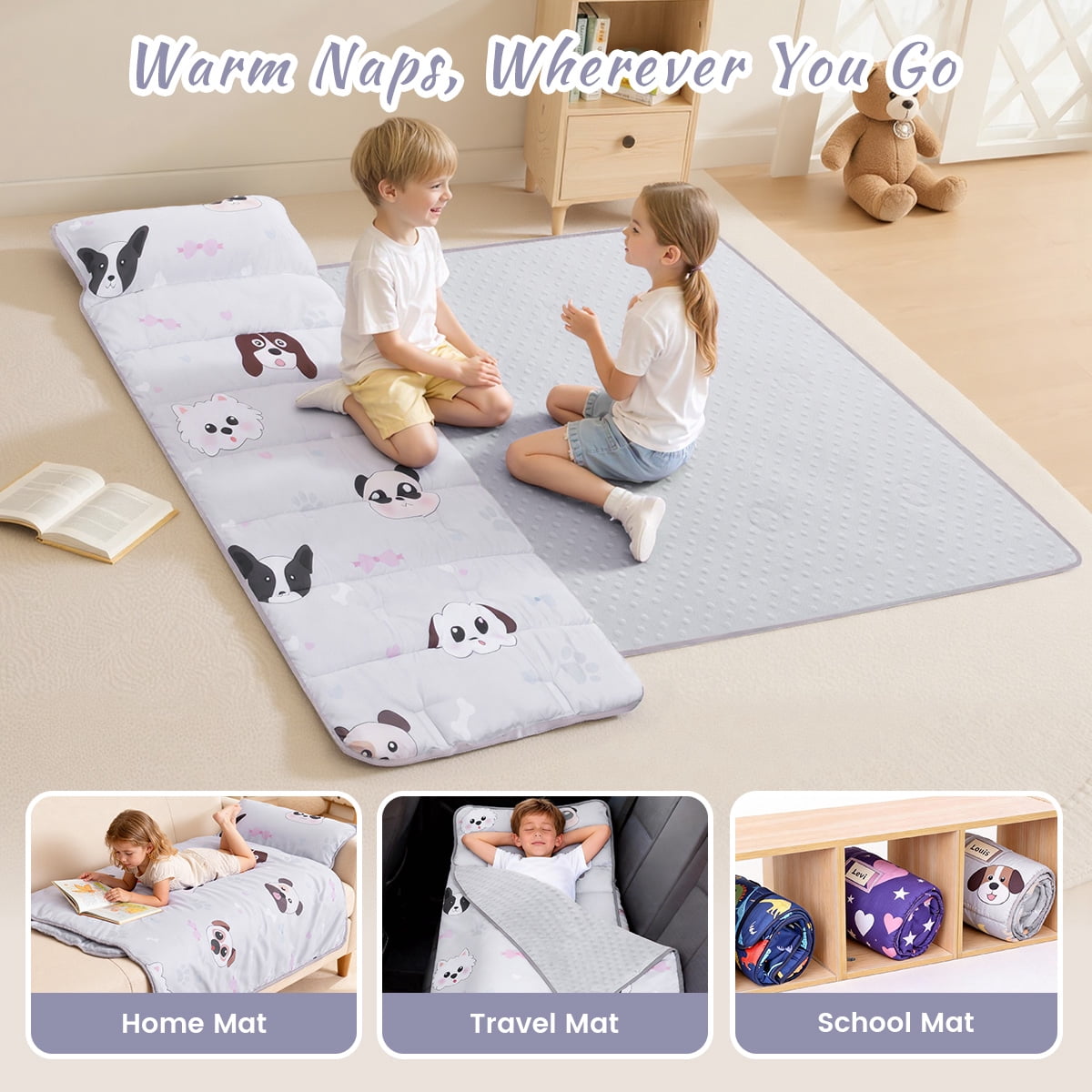 Toddler Nap Mat,  Caveen Sleeping Bag with Blanket and Removable Pillow, Portable Slumber Bags for Daycare and Travel, Easy to Roll, 55"x22", Grey