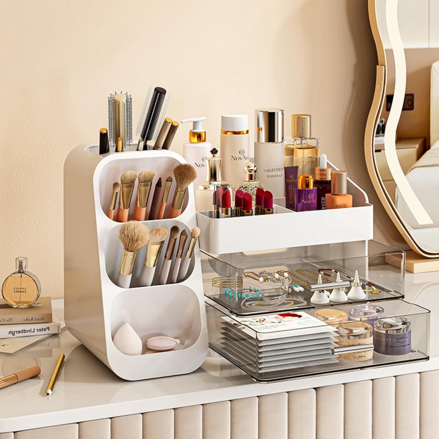 BAODELI Large Makeup Organizer with Brush Holder, White photo 7