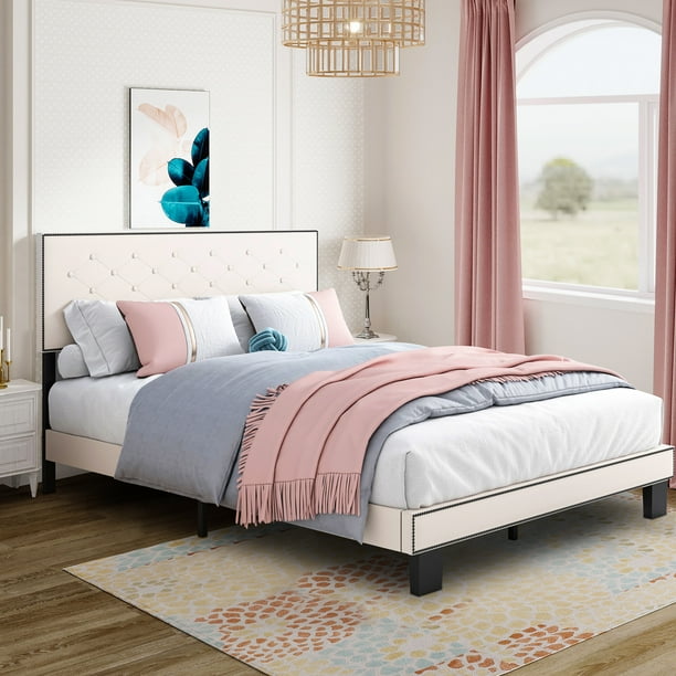 uhomepro Beige Queen Bed Frame for Adults Kids, Modern Fabric Upholstered Platform Bed Frame