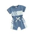 thumbnail image 2 of Musuos Toddler Boys Summer 2 Piece Outfits 12 18 24M 3 4T Plaid Patchwork Short Sleeve T-Shirt and Elastic Shorts, 2 of 10