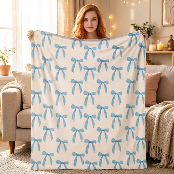 Bow Throw Blanket for Nap, Soft Flannel Warm Cozy Decor Cover, Washable Blanket for Travel Use.