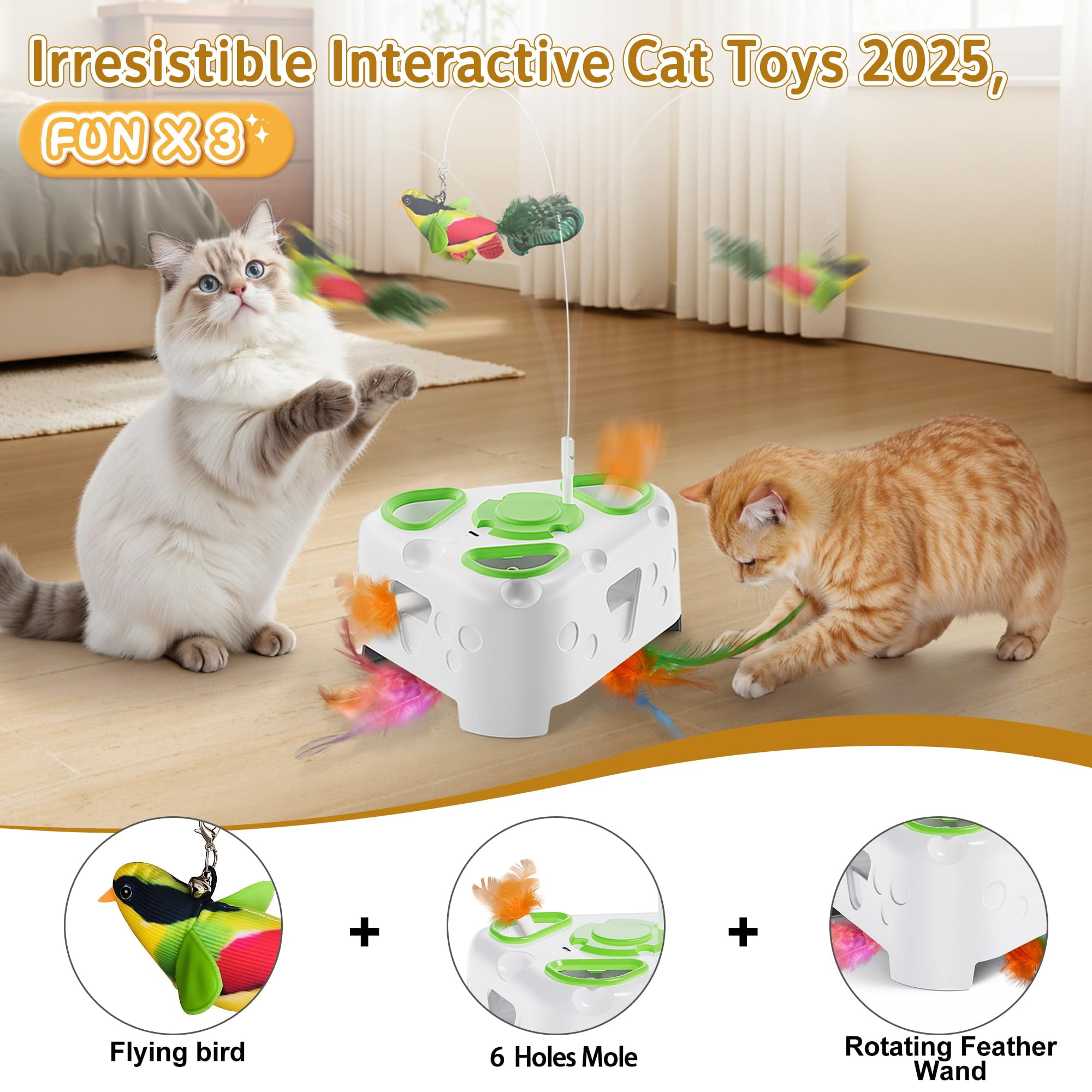 3-in-1 Interactive Cat Toys For Indoor Cats Automatic Kitten Flying Bird 6 Holes Mole Rotating  Rechargeable Usb Bored