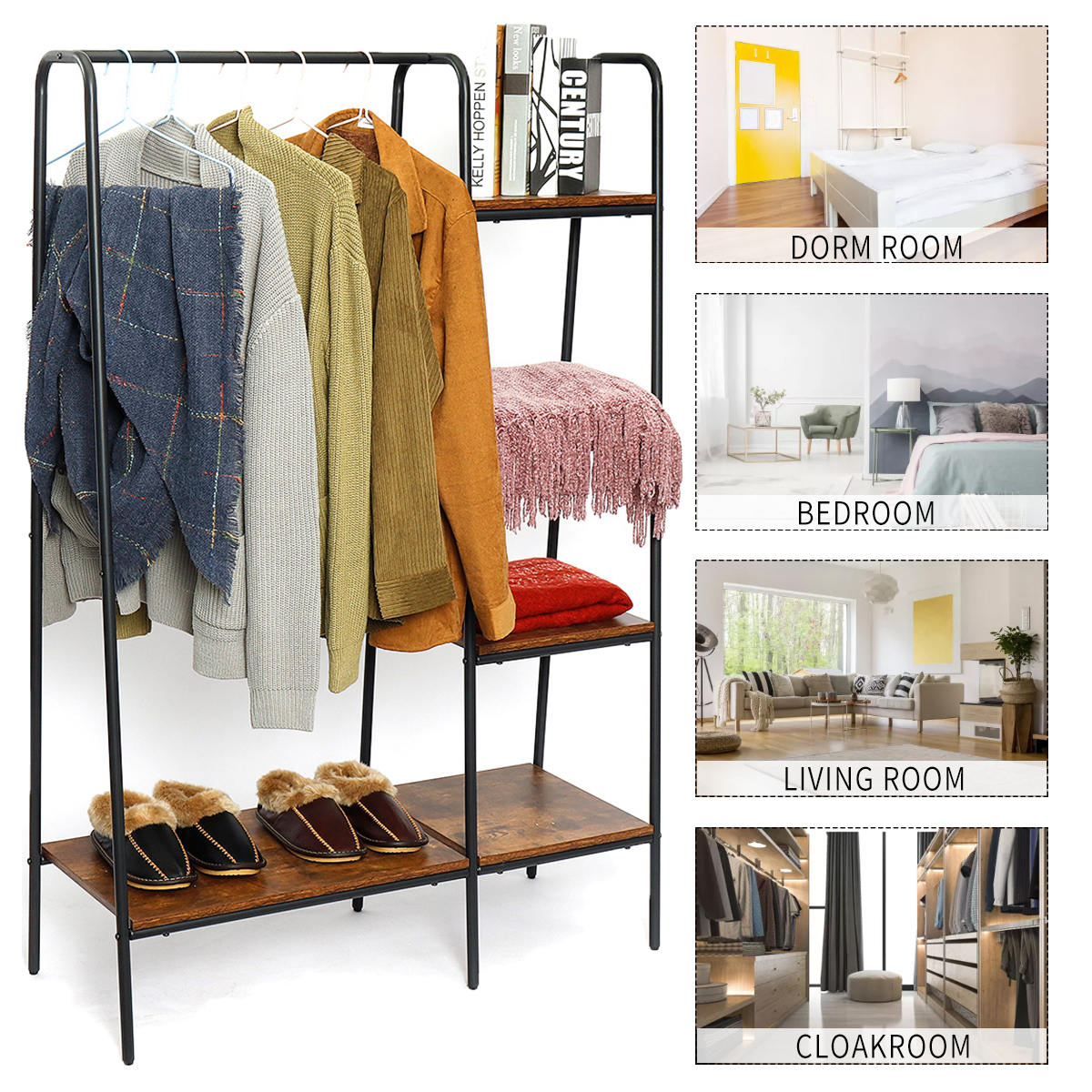 Metal Garment Rack Home Storage Rack Hanging Clothing Bar with Multi Wooden Shelves 60" x 40" - image 5 of 12