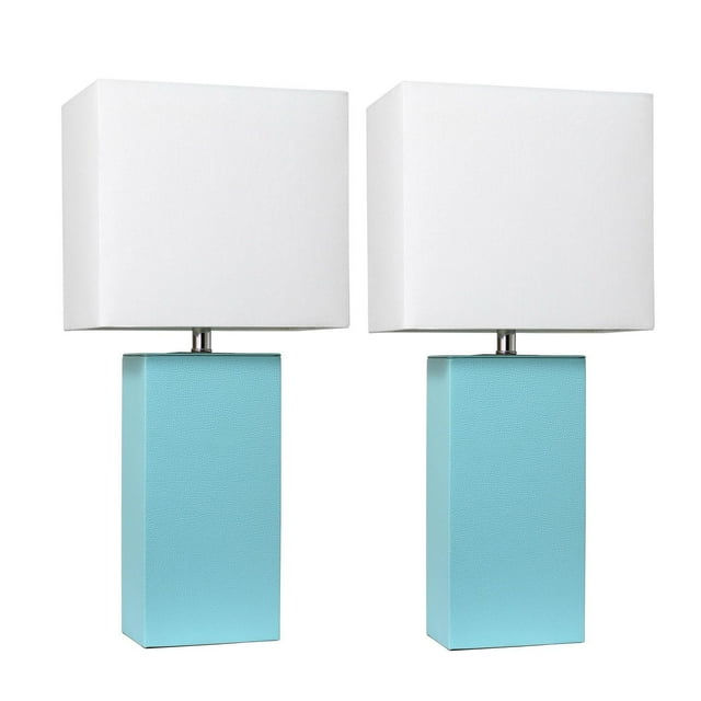 Pair of modern table lamps featuring rectangular light blue leather bases and white fabric shades for elegant home decor.