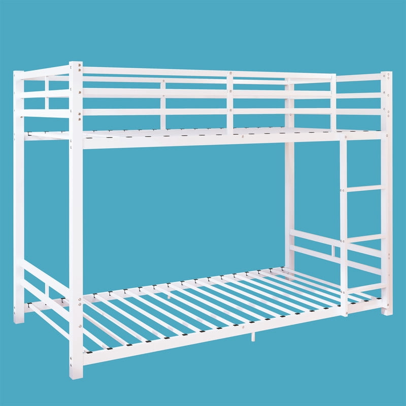 Twin Over Twin Metal Bunk Bed, Heavy-Duty Steel Bunk Bed with Safety Guardrails and Ladder, Low-Profile Design, 19 Metal Slats, 400/480 lbs Weight Capacity, No Box Spring Needed