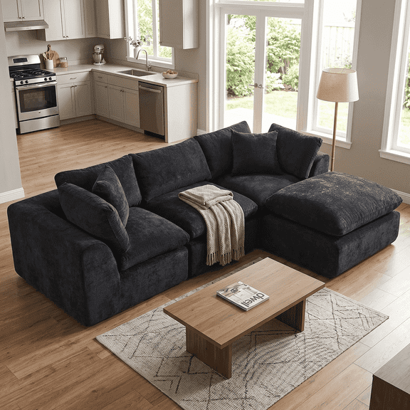 108'' Chenille Sectional Sofa with Ottoman, 3 Seater Modern Boneless Cloud Couch for Living Room, No Assembly Required, Black