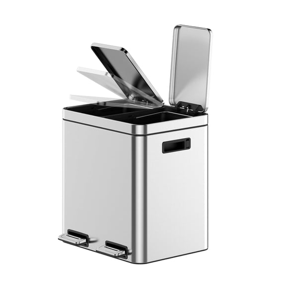 2x4 Gallon Kitchen Trash Can, Dual Classified Compartment Rubbish Bin with Soft-Close Lid, Stainless Steel Waste Bin with Removable Inner Wastebasket for Home Office,2x15 L