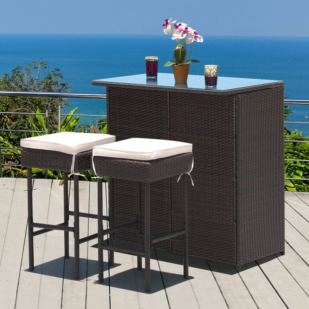 Costway 3PCS Patio Rattan Wicker Bar Table Stools Dining Set Cushioned Chairs Garden - image 4 of 10