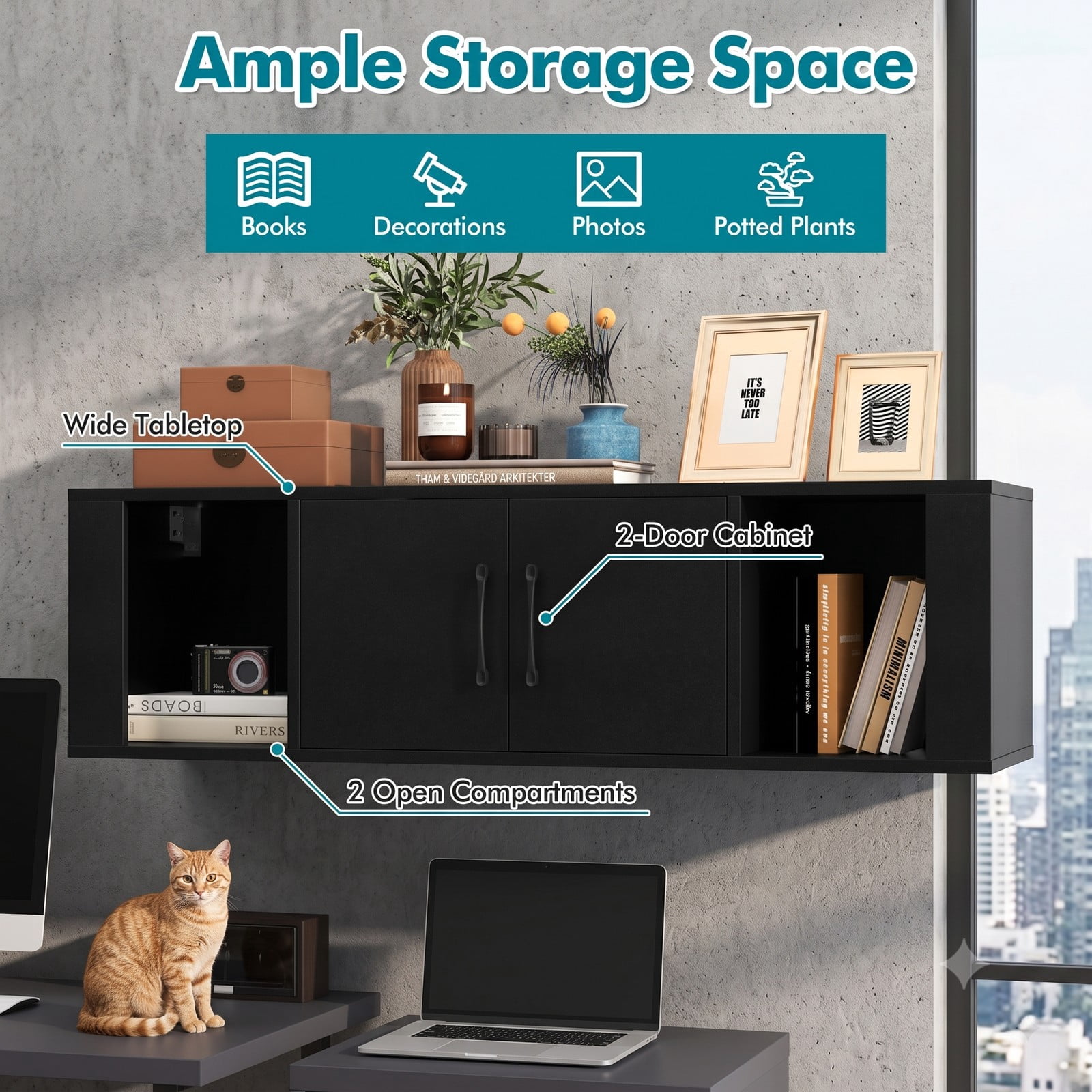 Furnibear Wall Mounted Floating Storage Cabinet, 2 Door Hutch with Open Cube Shelves, Space-Saving Media Console Hanging Desk Wood Wall Shelf for Living Room, Black