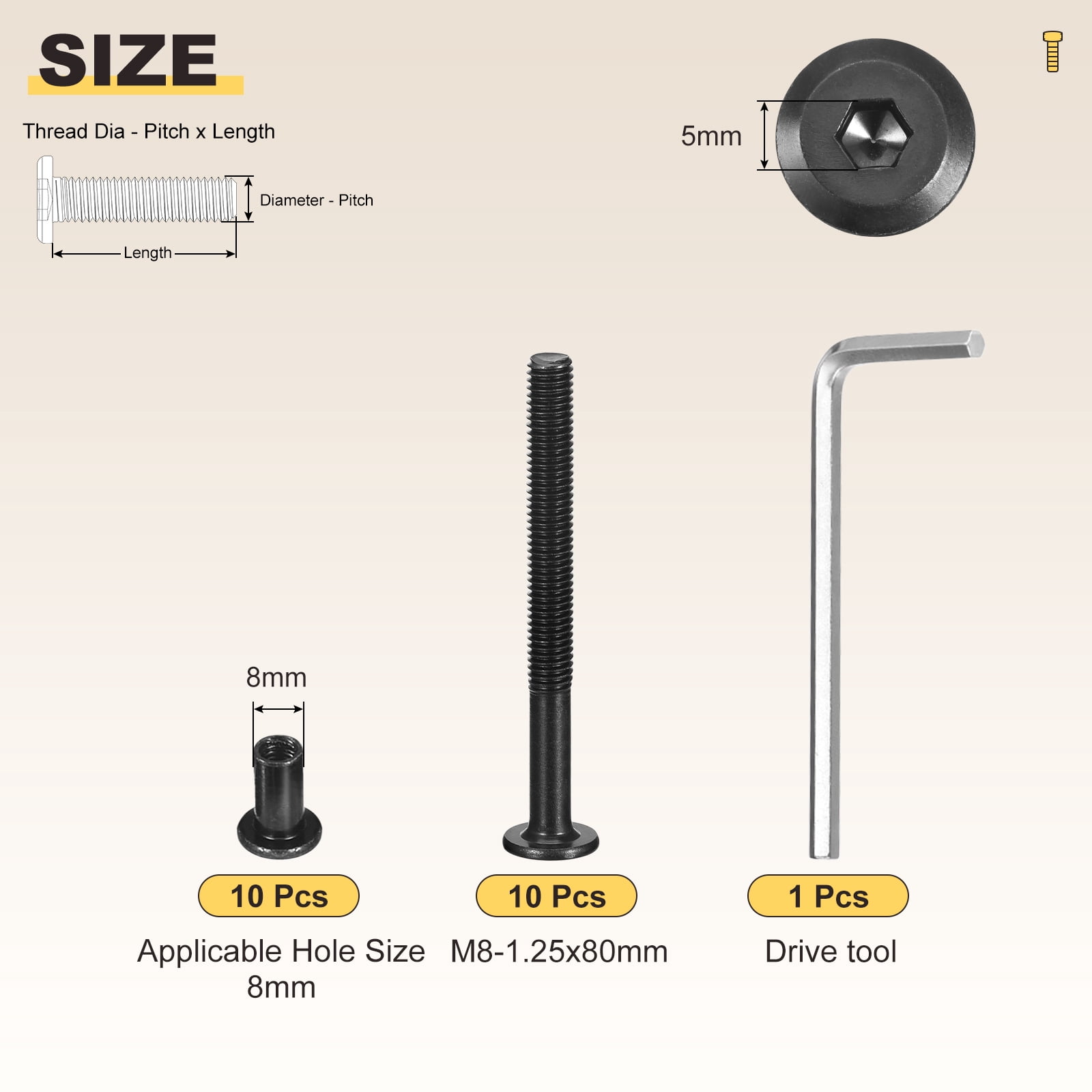 Furniture Connector Bolt Cap Nut Kit with Wrench(M6-1x80mm) 24Pcs, Connector Bolts M6 Countersunk Screw Barrel Nuts Binding Screws, for Chair Cabinet Bed, Black
