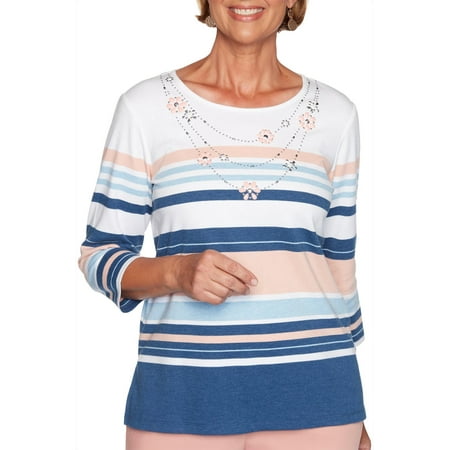 Alfred Dunner Womens Pearls of Wisdom Striped Top
