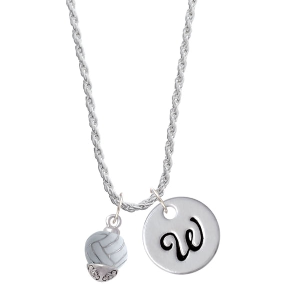 Delight Jewelry Silvertone 3-D Enamel Volleyball Spinner Silvertone Script Initial Disc - W - Charm Necklace, 20"+3"