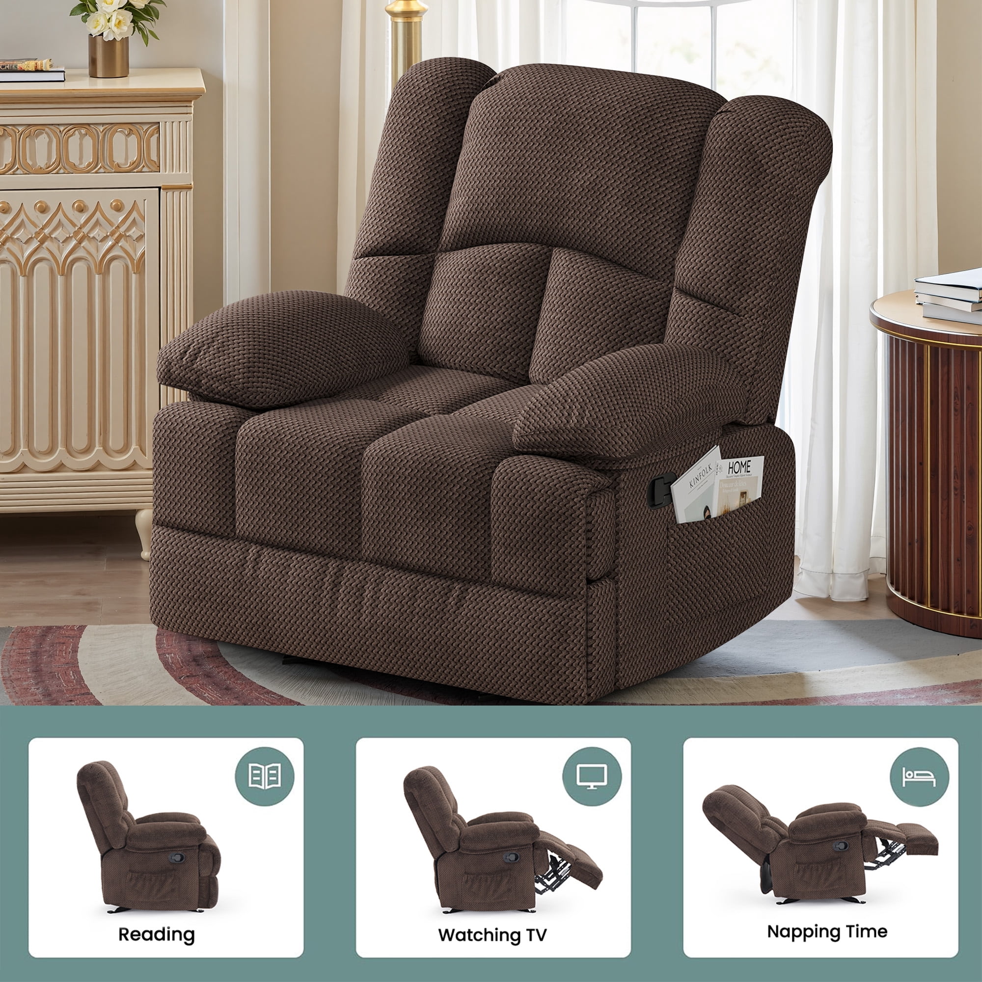 MAYEERTY Chocolate Oversized Rocking Recliner Sofa for Adults, Velvet, Ergonomic, Perfect for Living Room