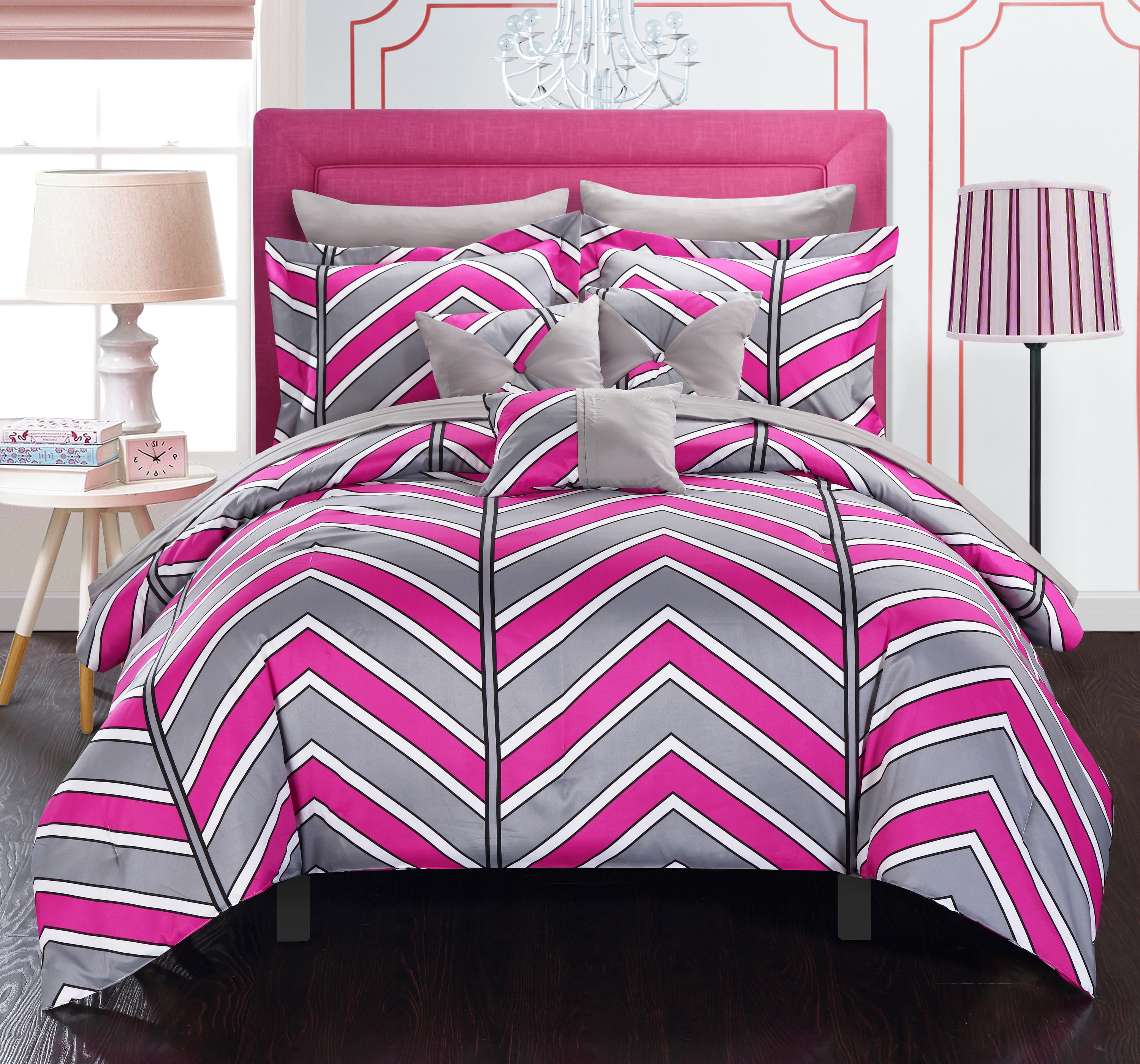 Pink /& Purple Geometric Floral Reversible Comforter Set  AND Decorative Pillow
