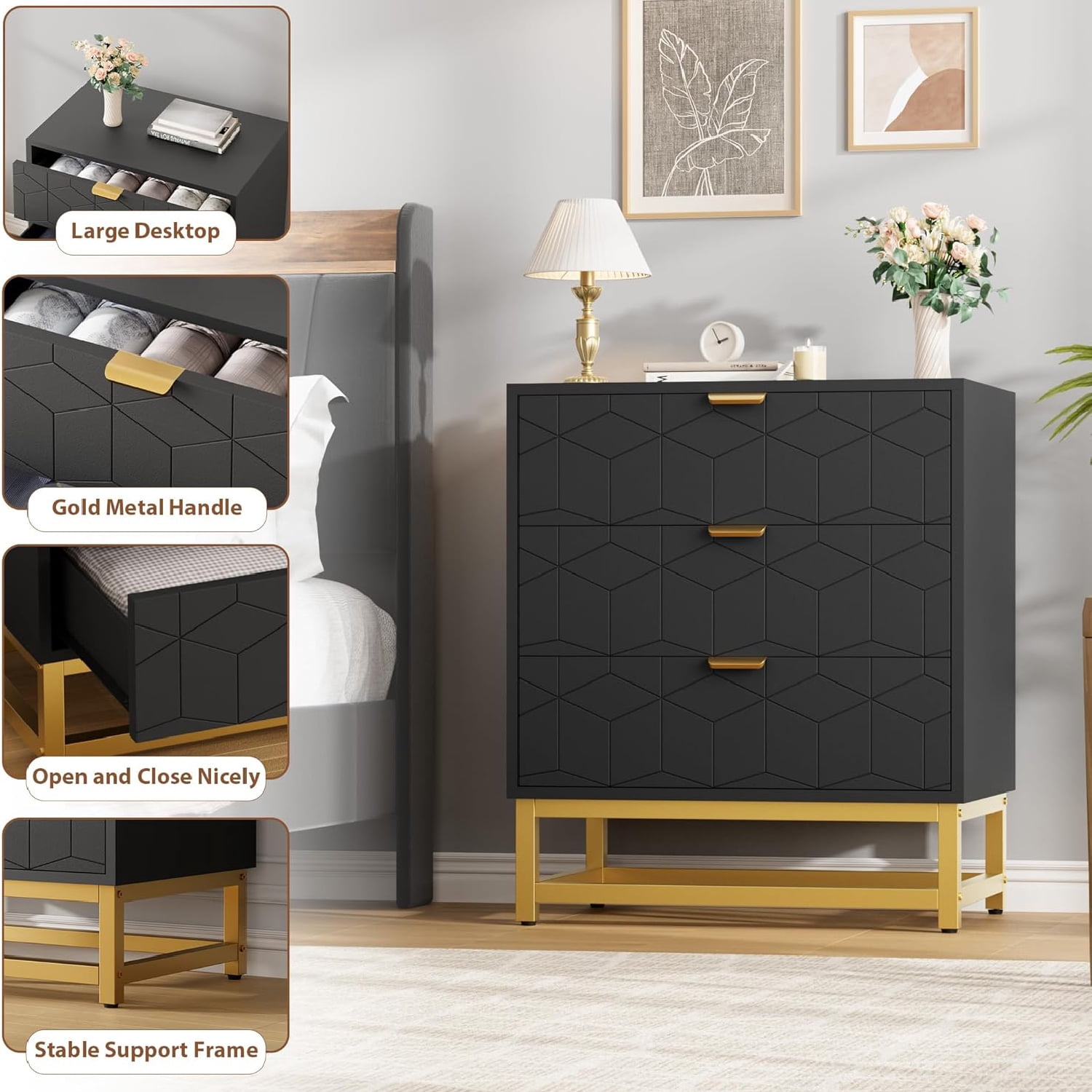 Modern 3-Drawer Dresser with Gold Metal Legs, Black Stylish Storage Chest for Bedroom, Closet or Living Room