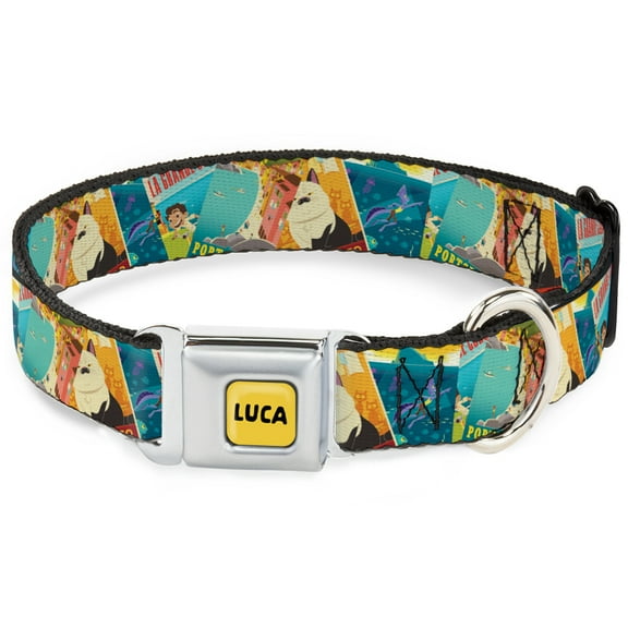 Disney Pet Collar, Dog Collar Metal Seatbelt Buckle, Luca The Piazza Poster Collage Stacked, 9.5 to 13 Inches 1.0 Inch Wide