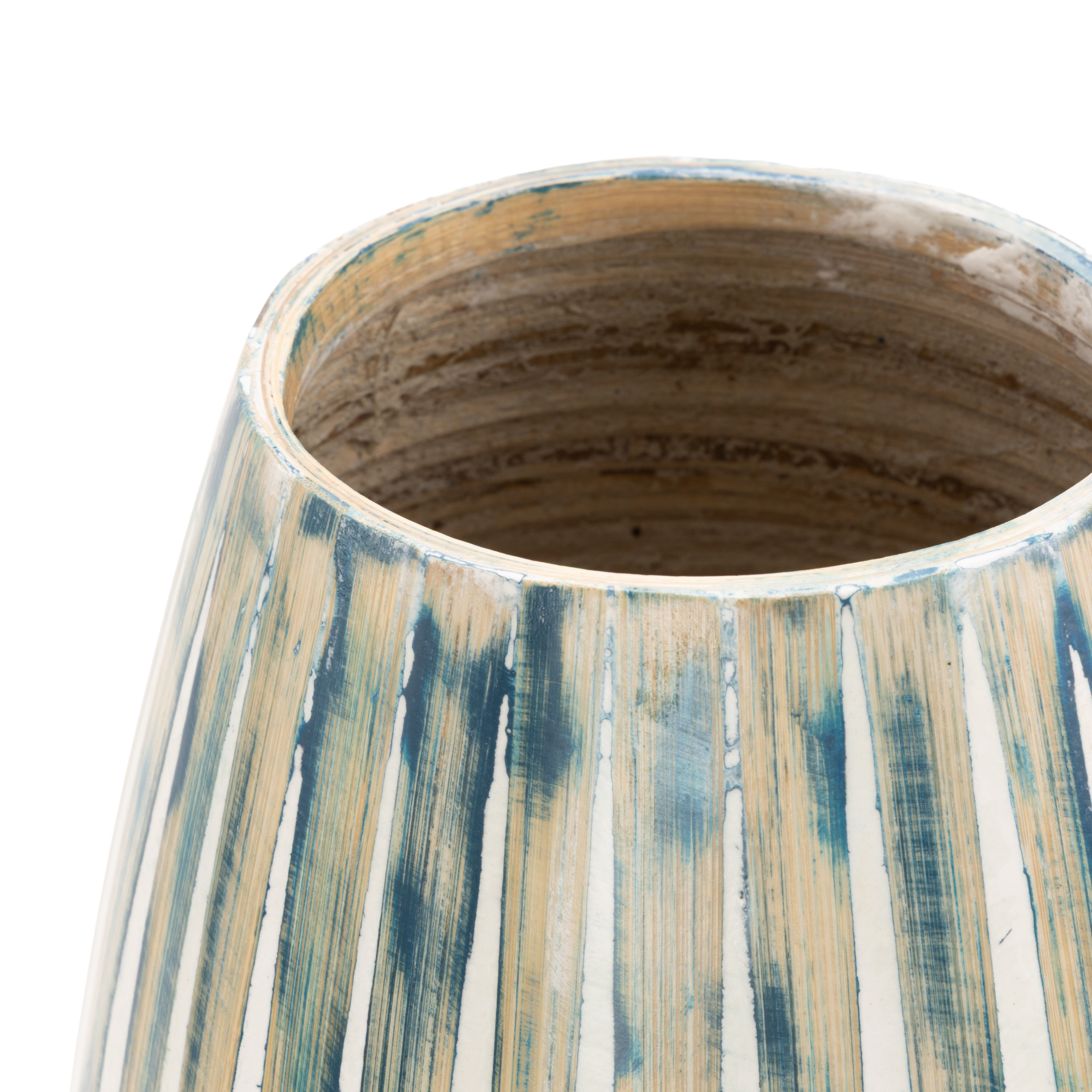 DecMode 17" Brushed Blue Bamboo Wood Vase with Cream Accents and White Stripes