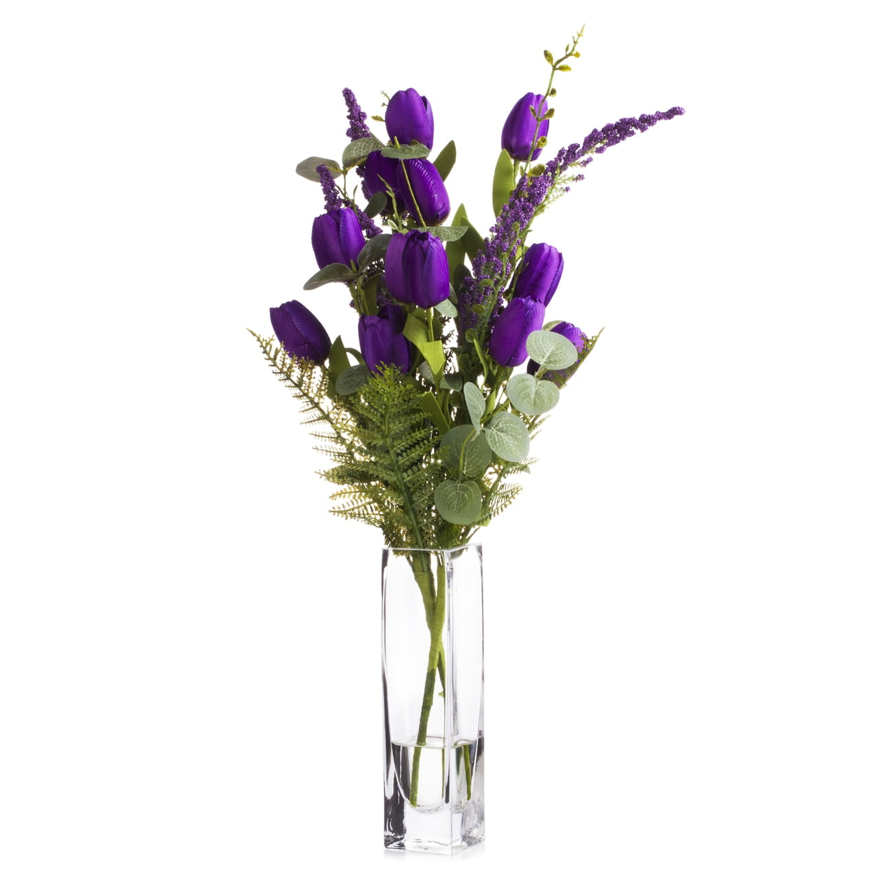 Enova Home Mixed Silk Tulip Flower in Clear Glass Vase With Faux Water