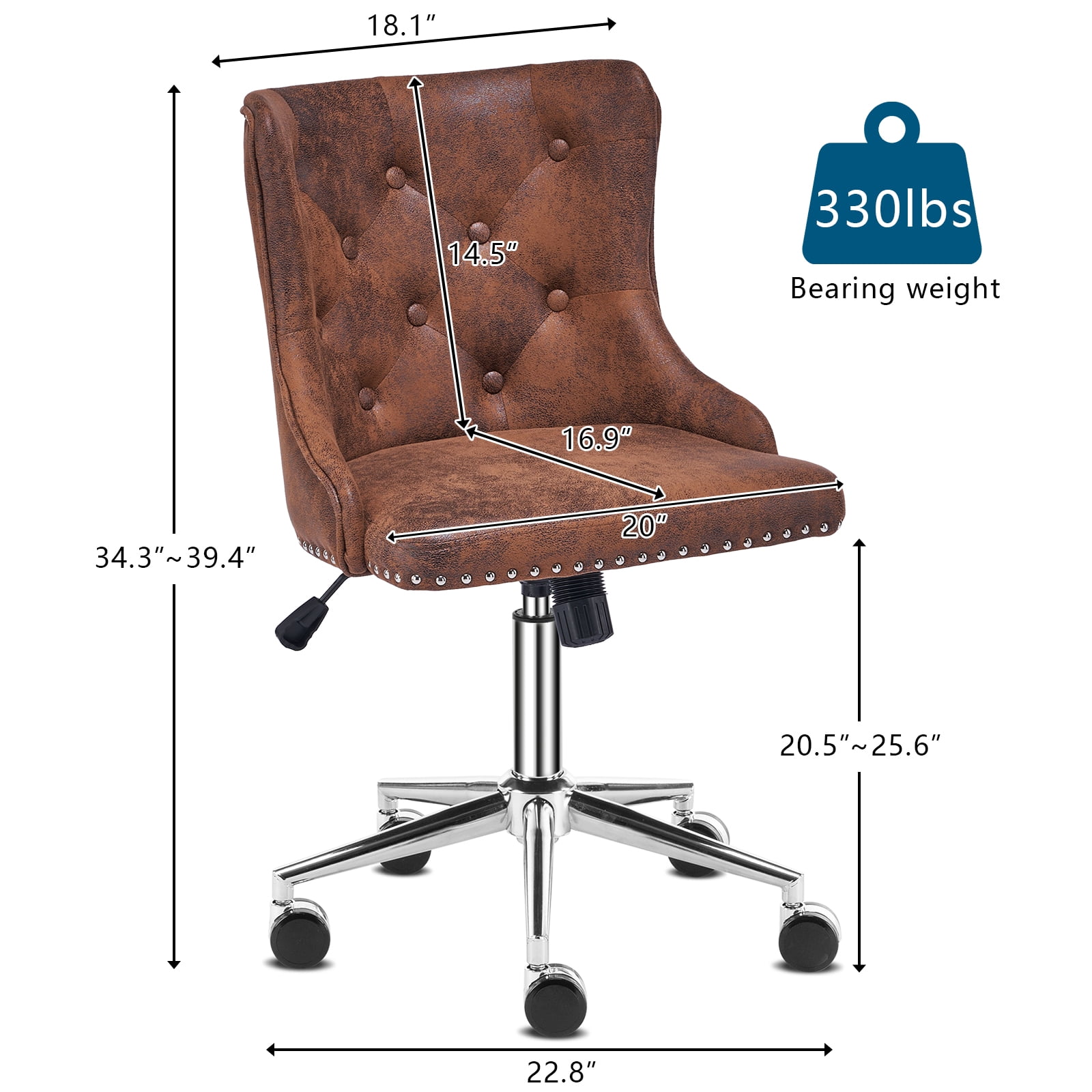 UBesGoo Armless Office Chair Suede Fabric Computer Task Chair Adjustable Swivel Vanity Chair with Ergonomic Backrests and Wheels for Conference and Home Brown & Sliver