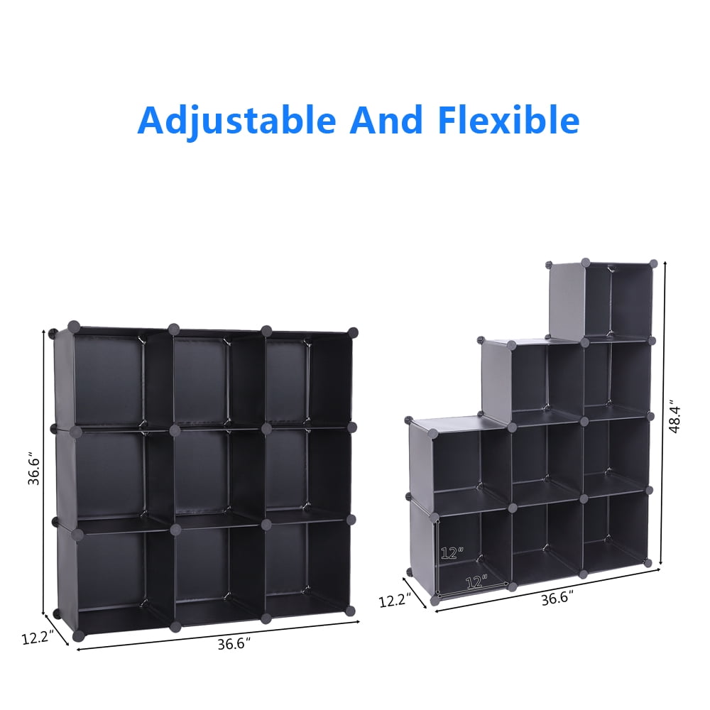 Private Jungle 9-Cube Closet Organizer with Doors, DIY Plastic Storage Cubes Organizer, Modular Storage Cabinet Book Shelf Shelving for Bedroom, Living Room, Office Black
