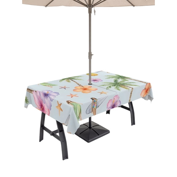 Outdoor Tablecloth with Umbrella Hole for Patio/Picnic/Party/Camping, Coastal Beach Waterproof Table Cloth Rectangle Table Cover Washable, Summer Tropical Vacation Palm Trees Surfing (60"x 84")