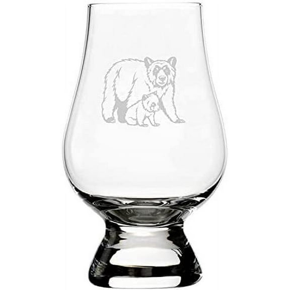 Black Bear with Cub Zoo Animal Themed Etched 6.5oz Glencairn Whisky Glass